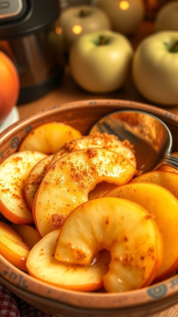 Warm air fryer apples sprinkled with cinnamon and honey in a rustic bowl.